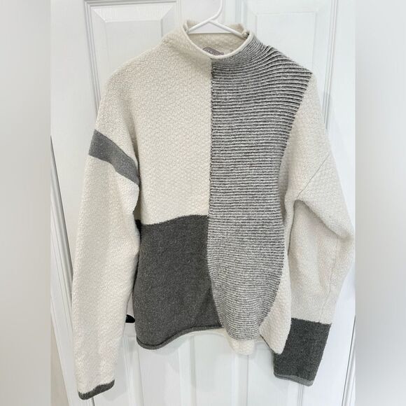 Cyrus Gray White Colorblock Mock Neck Chunky Sweater Women’s Size L - Picture 2 of 7